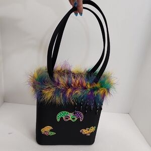 Sandol Mardi Gras Colorful Feathered Black Bag